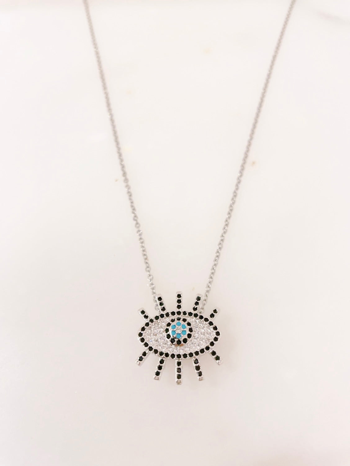 Ikasiya Silver Turq Crystal Studded Evil Eye Necklace