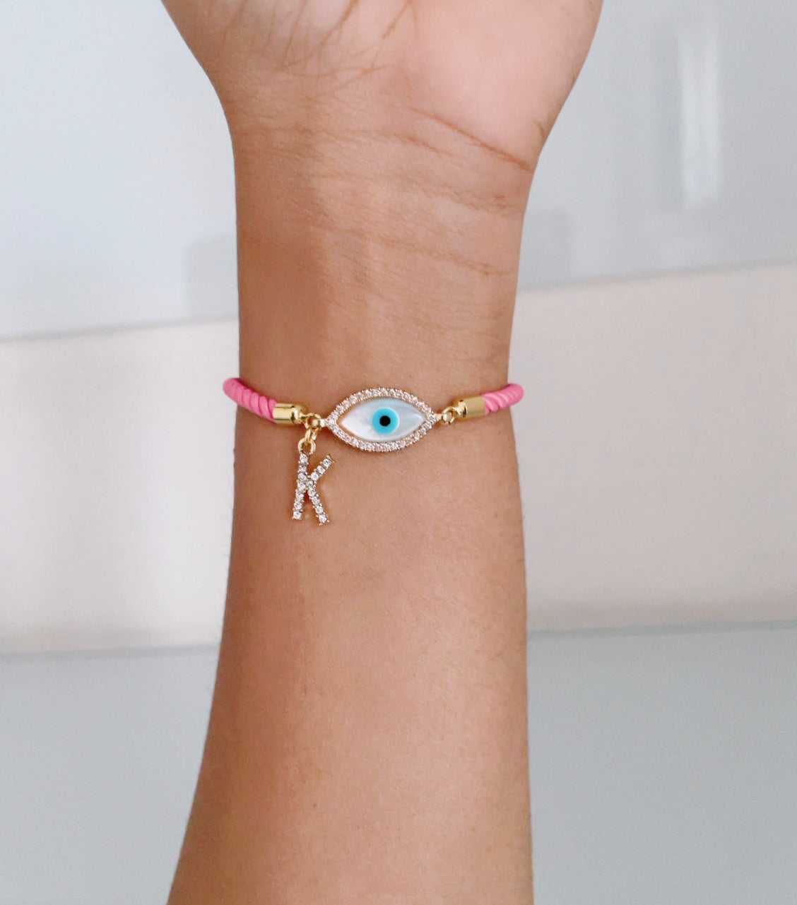Personalised Evil Eye Bracelet with Hot Pink Cord