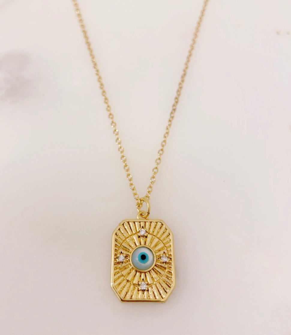 Ikasiya Turq Gold Textured Evil Eye Necklace