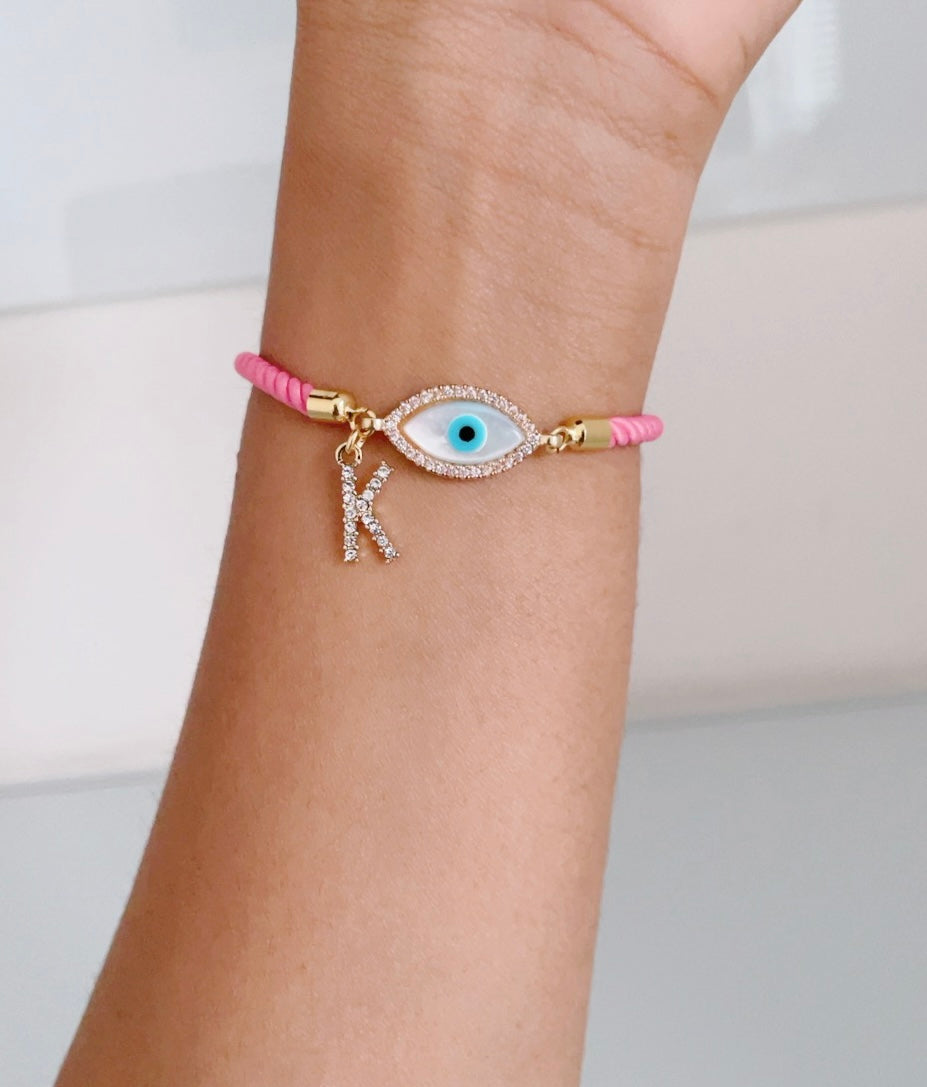 Personalised Evil Eye Bracelet with Hot Pink Cord