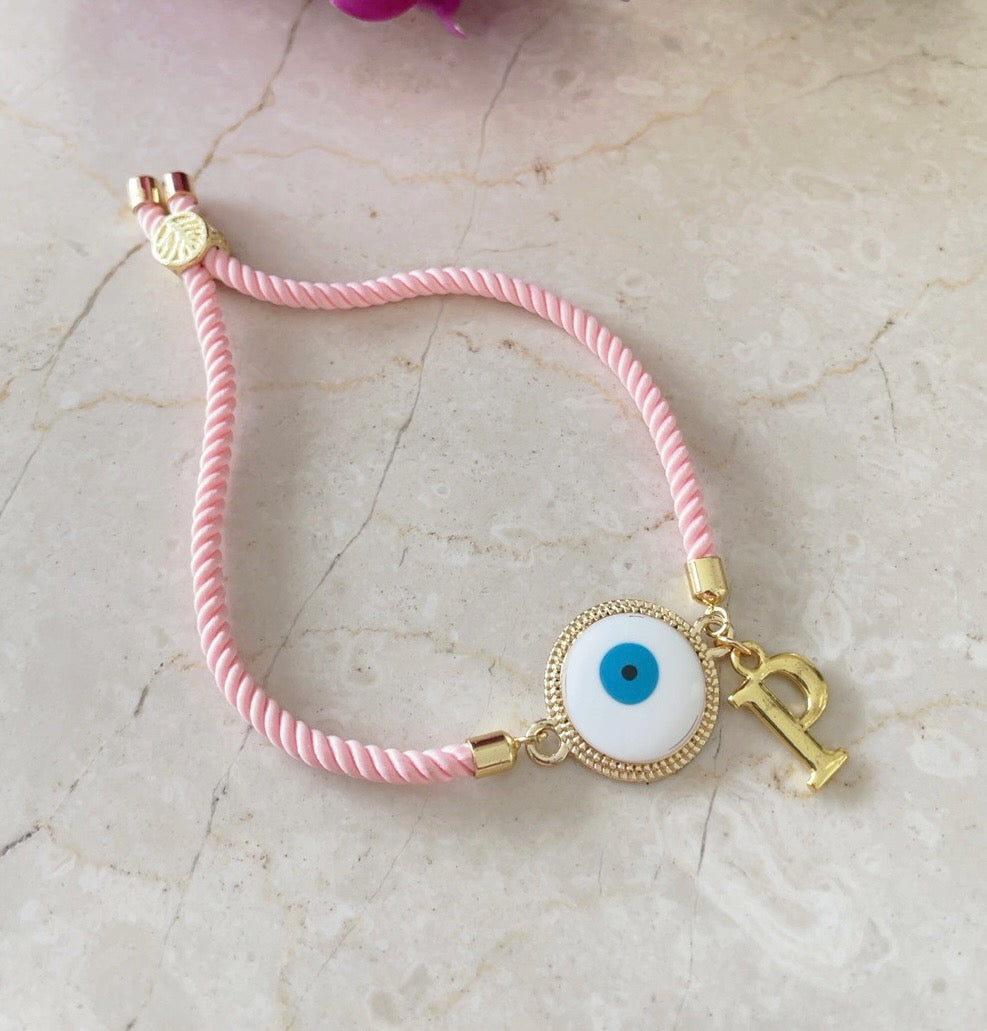 Personalised Evil Eye Letter bracelet with Pink Cord
